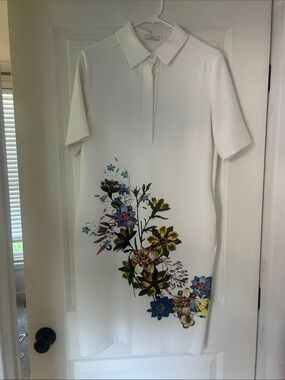 ERDEM Cream Polo knee length Dress with Vibrant Floral Spray